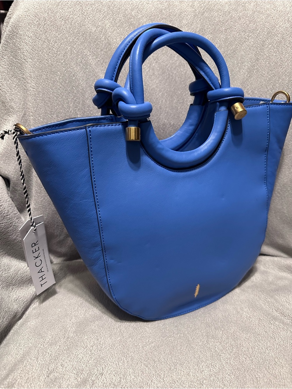 THACKER Claire Leather Small Shopper Tote Cornflower Blue with Shoulder Strap